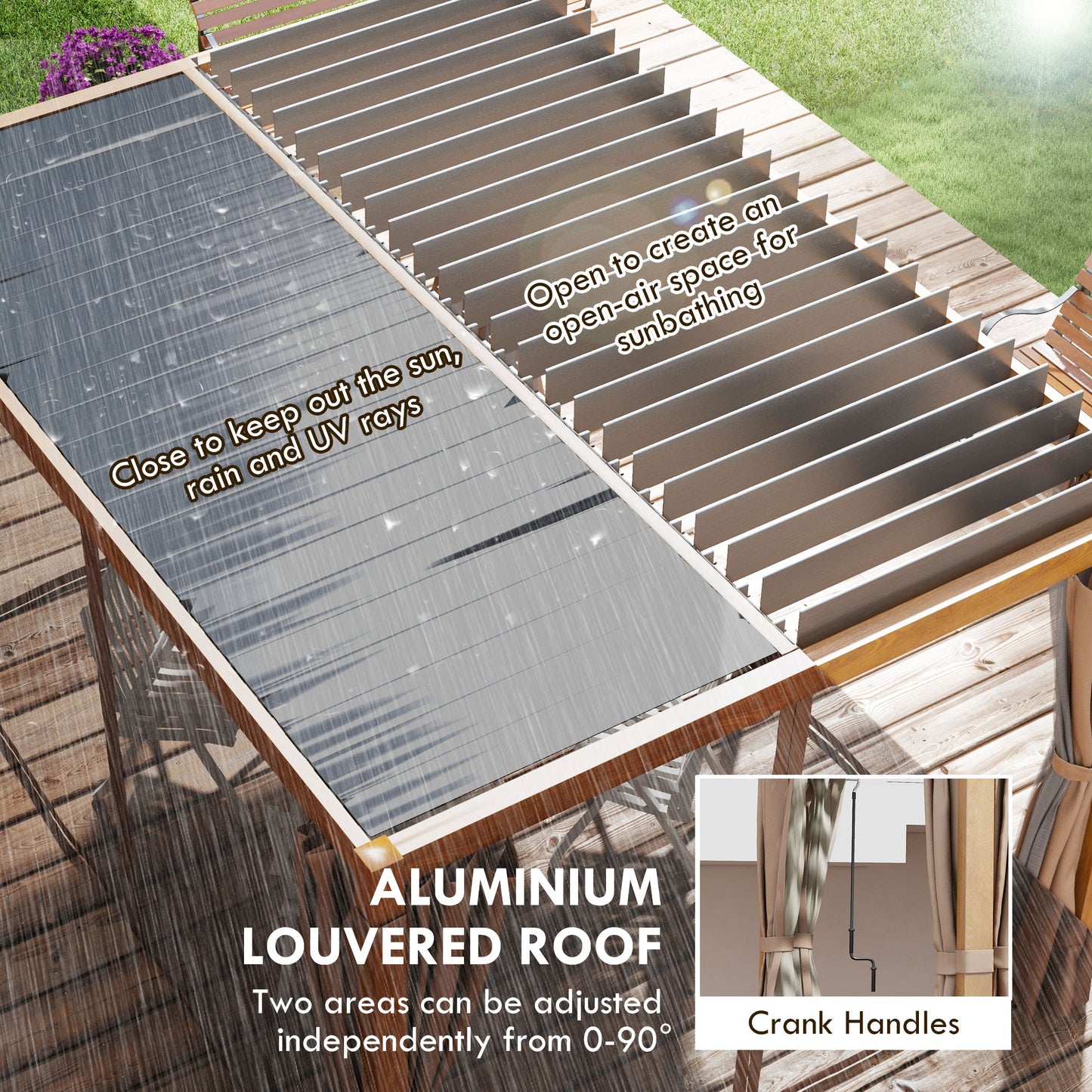 10' x 13' Outdoor Retractable Pergola/ Aluminum Louvered Top, Pergola w/ Canopy, Curtains, Netting, Natural Wood