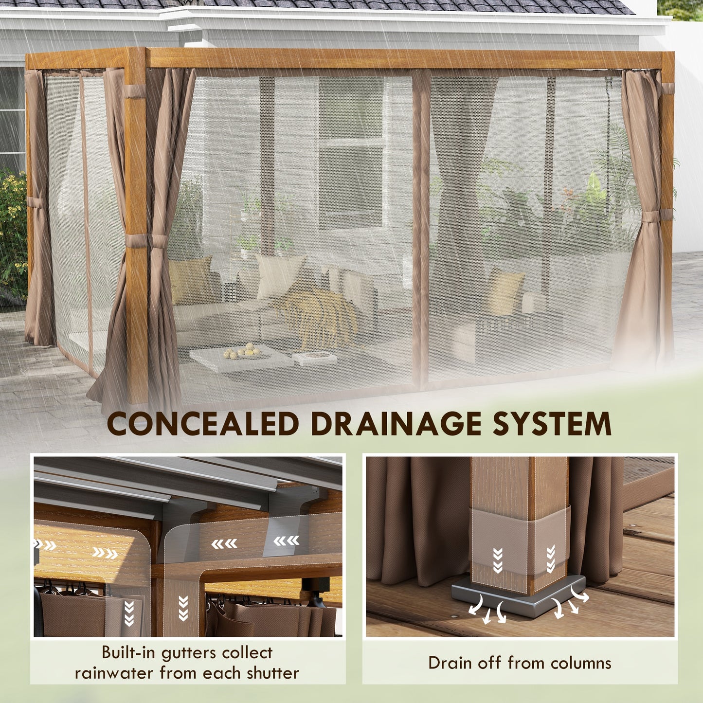 10' x 13' Outdoor Retractable Pergola/ Aluminum Louvered Top, Pergola w/ Canopy, Curtains, Netting, Natural Wood