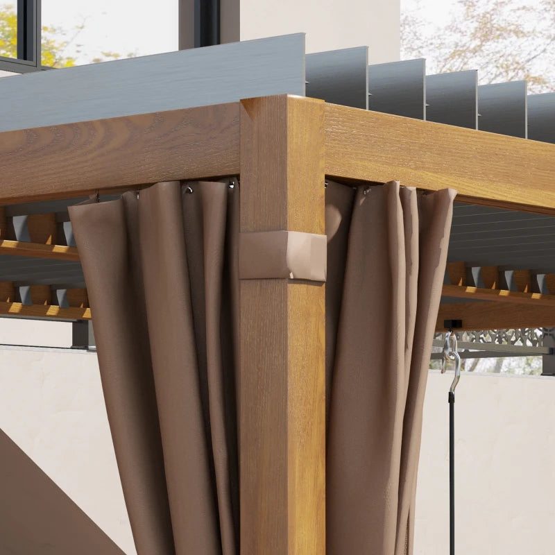10' x 13' Outdoor Retractable Pergola/ Aluminum Louvered Top, Pergola w/ Canopy, Curtains, Netting, Natural Wood