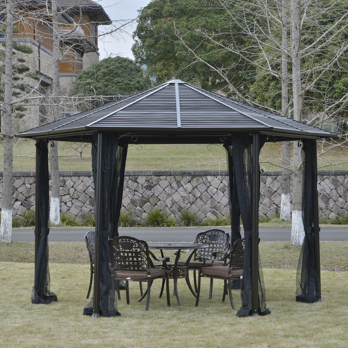 13’x13’ Hexagonal Aluminum Frame Gazebo with Galvanized Steel Canopy