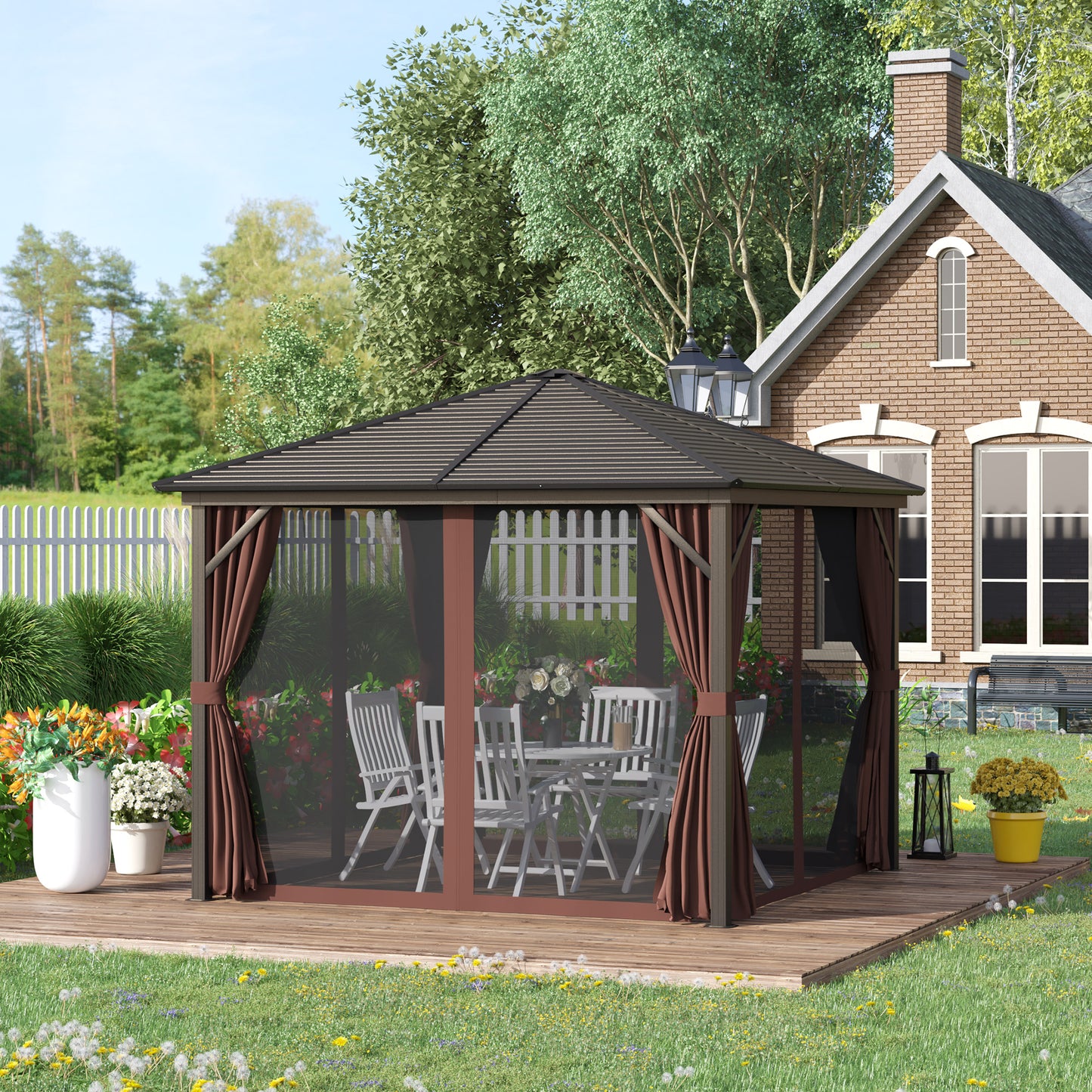 10’x10’ Aluminum Frame Gazebo, Metal Canopy with Netting & Curtains