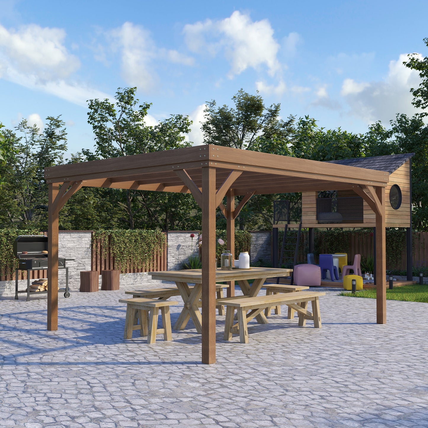 10' x 12' Outdoor Wooden Pergola, Concrete Anchors for Garden, Patio, Backyard, Deck, Brown