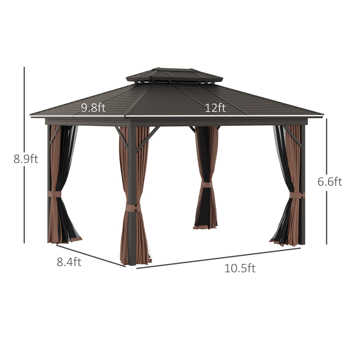 10’x12’ Double Roof Gazebo, Curtains & Netting, Aluminum Frame