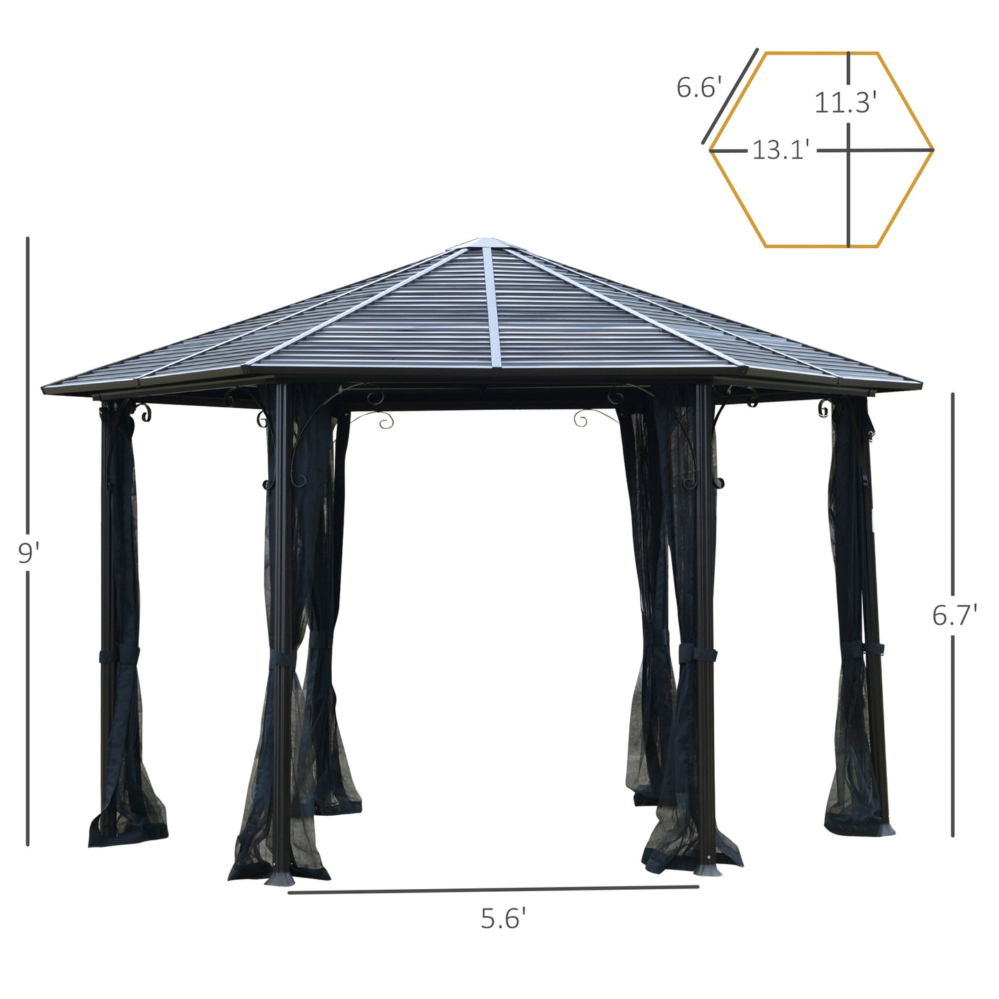 13’x13’ Hexagonal Aluminum Frame Gazebo with Galvanized Steel Canopy