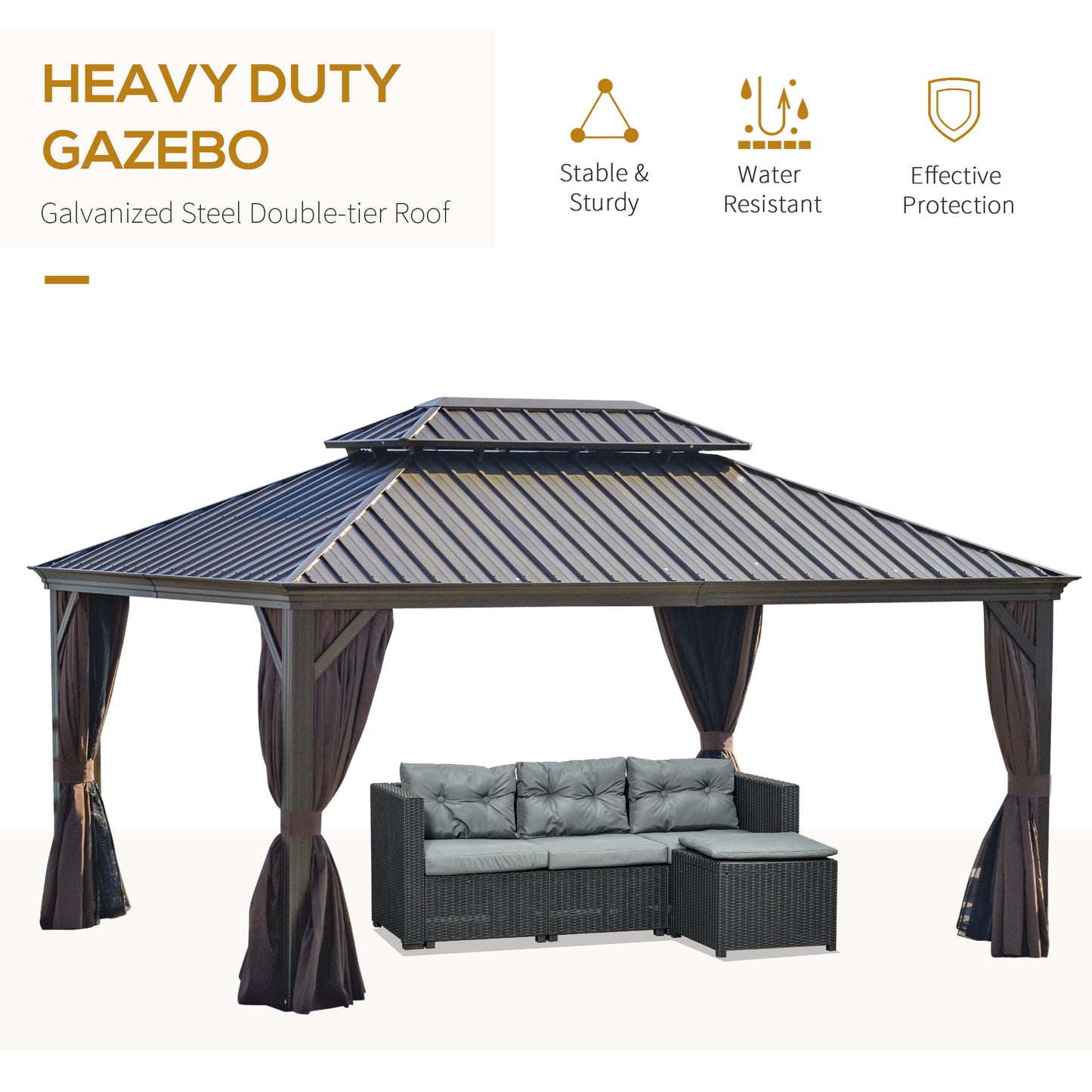 12’x16’ Hardtop Aluminum Gazebo, Double Metal Roof