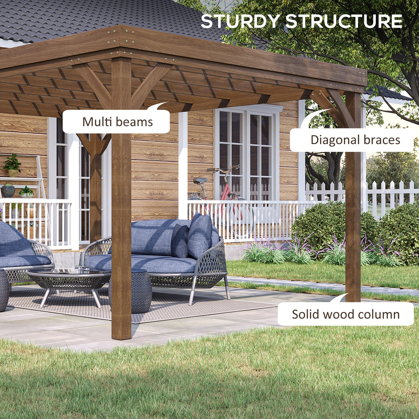 10' x 12' Outdoor Wooden Pergola, Concrete Anchors for Garden, Patio, Backyard, Deck, Brown