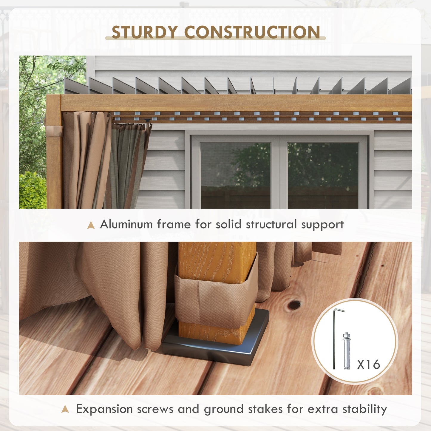 10' x 13' Outdoor Retractable Pergola/ Aluminum Louvered Top, Pergola w/ Canopy, Curtains, Netting, Natural Wood