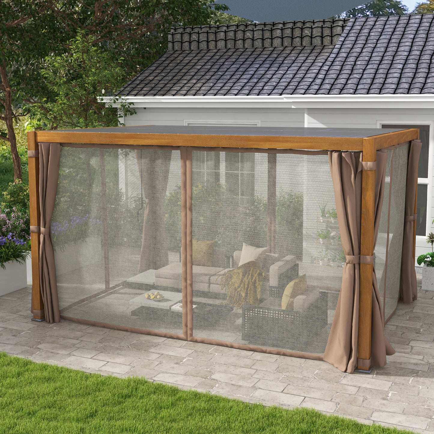 10' x 13' Outdoor Retractable Pergola/ Aluminum Louvered Top, Pergola w/ Canopy, Curtains, Netting, Natural Wood